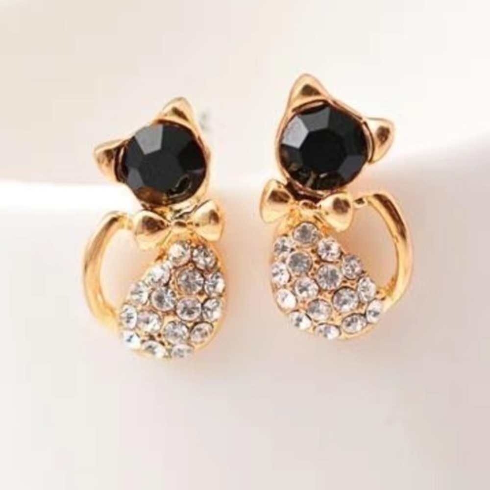 Black Spinel And Diamond Cat Earrings